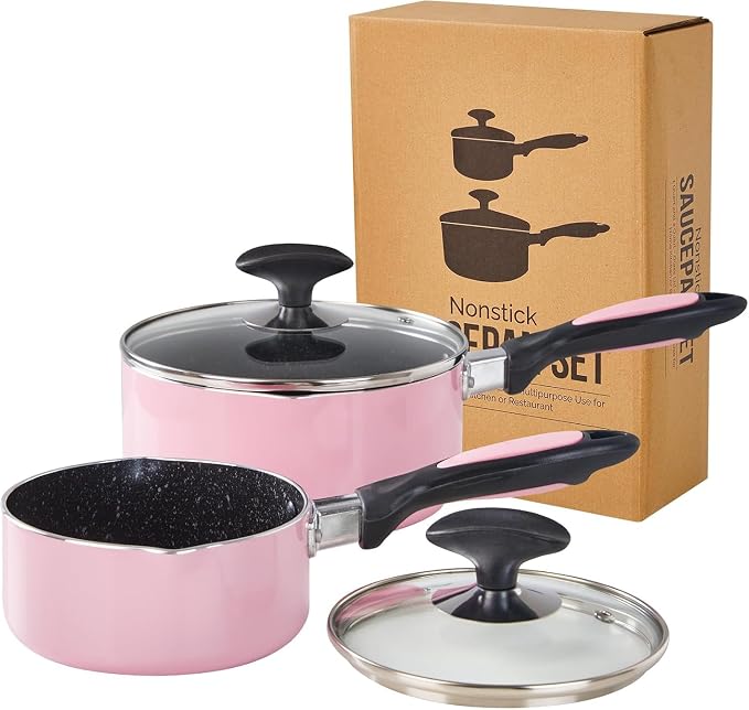 Nonstick Saucepan Set with Lid, Non Stick 1Qt & 2Qt Sauce Pan Set with Glass Lid Small Pot for Home Kitchen