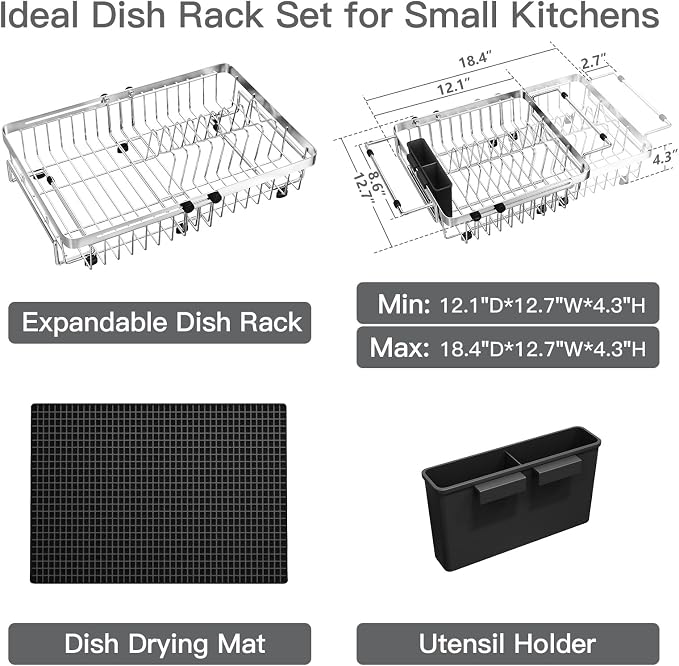 Dish Drying Rack Over The Sink with Utensil Holder, Mat | Expandable Stainless Steel Dish Drainer for Small Kitchen, Apartment, RV, Counter Space Saving, Perfect Fit, Rustproof