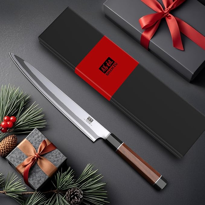 SHAN ZU 10 Inch Japanese Sushi Knife, 9 Layers 10Cr15MoV High Carbon Steel | Sashimi Knife, Sharp Cutting Yanagiba Knives with Red Sandalwood Handle for Sushi Making, Slicing & Fish Knives