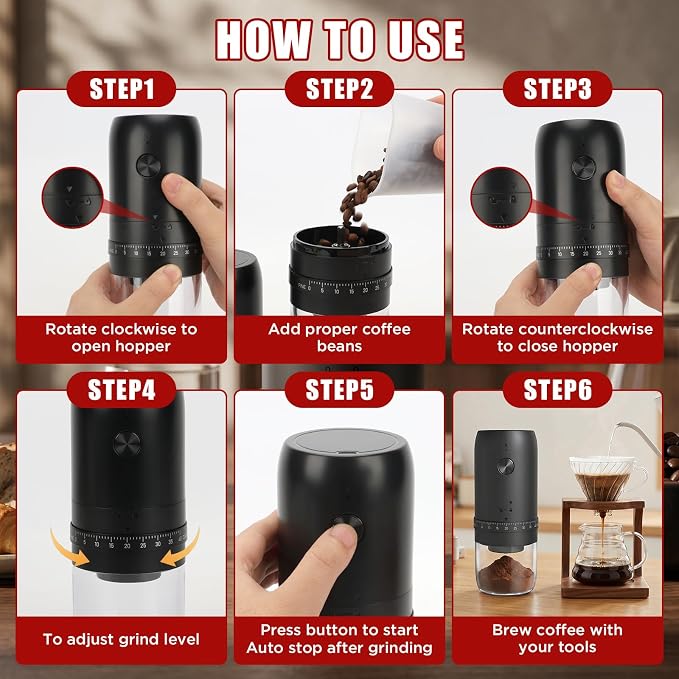Electric Coffee Grinder, Portable Coffee Bean Grinder with Conical Ceramic Burr, USB-C Rechargeable Espresso Grinder with Adjustable Coarseness & Auto Shut-Off, Grinder for Travel Camping Office Home