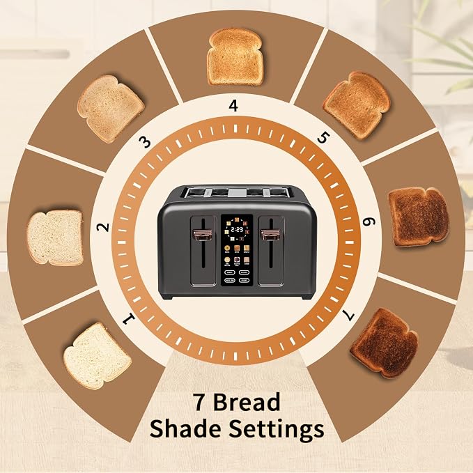 SEEDEEM Touchscreen Toaster 4 Slice, 7 Shade, Stainless, 1800W Dark Metallic