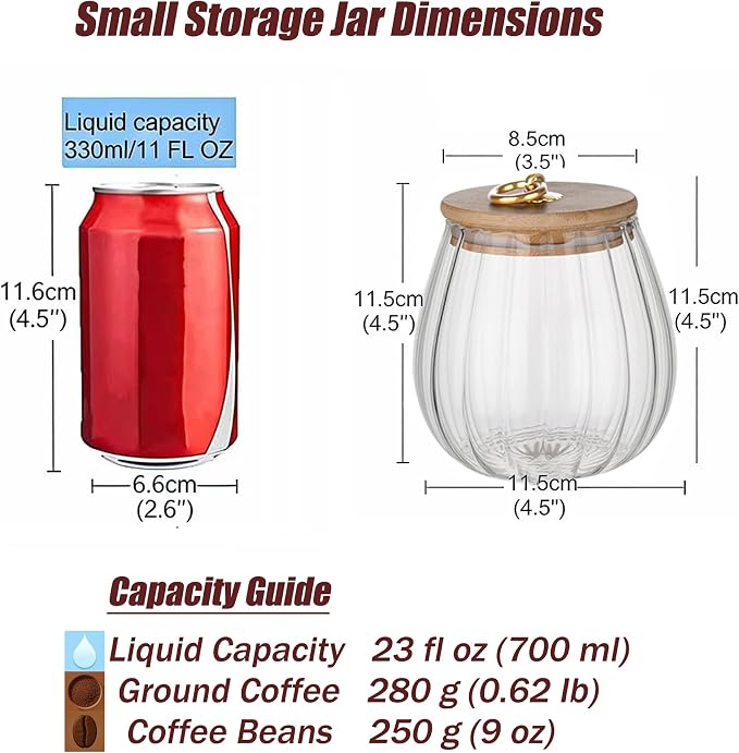 Glass Coffee Nuts Canister Airtight Jar with Bamboo Lid 23 FL OZ Small Oval | Sealed Kitchen Storage Jar, 700ml Petal Ribs Design Decorative Candy Coffee Container, Gold Metal Handle, Easy to Grasp