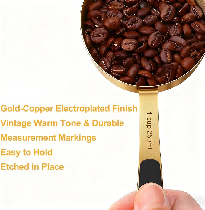Bopei Measuring Cups and Spoons Set, Gold Electroplated Stainless Steel 10 Piece for Cooking and Baking (5 Cups + 5 Spoons Gold)