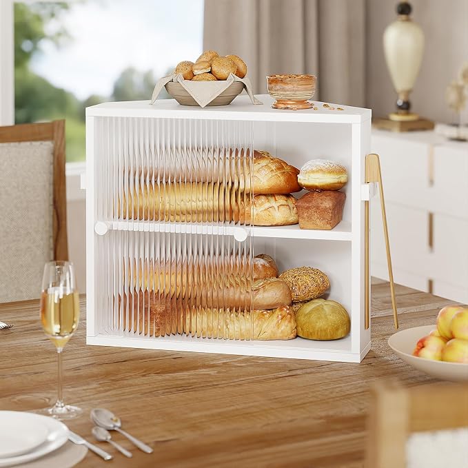 Corner Bread Box with Sliding Acrylic Doors, Double Layer Bread Bin | Bread Box for Kitchen Countertop, Bamboo Bread Storage Container, Large Capacity Vintage Farmhouse, White, Meduim
