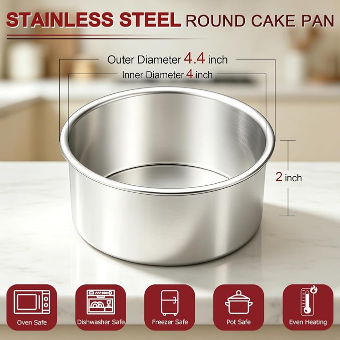 LIANYU 4 Inch Cake Pan Set of 3, Stainless Steel Mini Round Baking Pans | Non Toxic Small Metal Bakeware Tins, Leak-proof, Dishwasher Safe, Ideal for Birthday Wedding Christmas Party