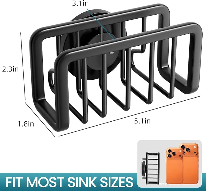 TAILI Rustproof Sponge Holder for Kitchen Sink with Suction Cup-Black | Rustproof Aluminum Sink Caddy for Sponges, Brushes, Stoppers & Scrapers,Removable Ventilated Quick-dry Design, Holds Up 11lbs