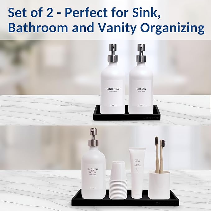 Countertop & Vanity Silicone Tray – 2 PC (11.7" & 7.7") Set | Bathroom Tray & Kitchen Soap Tray Set, Bathroom Counter Tray, Kitchen Sink Dish Soap Tray for Countertop Organization