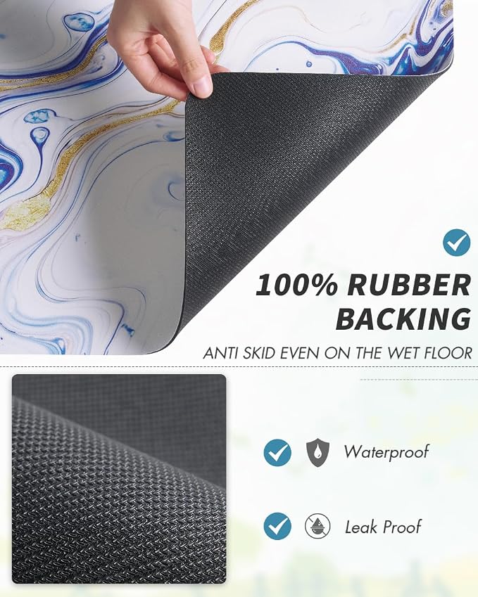 AMOAMI Dish Drying Mat for Kitchen Counter-Coffee Mat Bar Accessories, Hide Stain, Rubber Backed, Absorbent, Fit Under Coffee Maker, Espresso Machine, Pot, Dish Rack,(12x19,Marble,Blue)