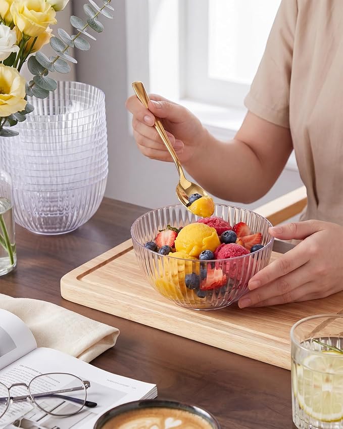 bUCLA 12 PCS Plastic Cereal Bowls Set - 28 Oz Clear Disposable Vertical Stripes Serving Bowls for Snack, Salad, Dessert & Fruit