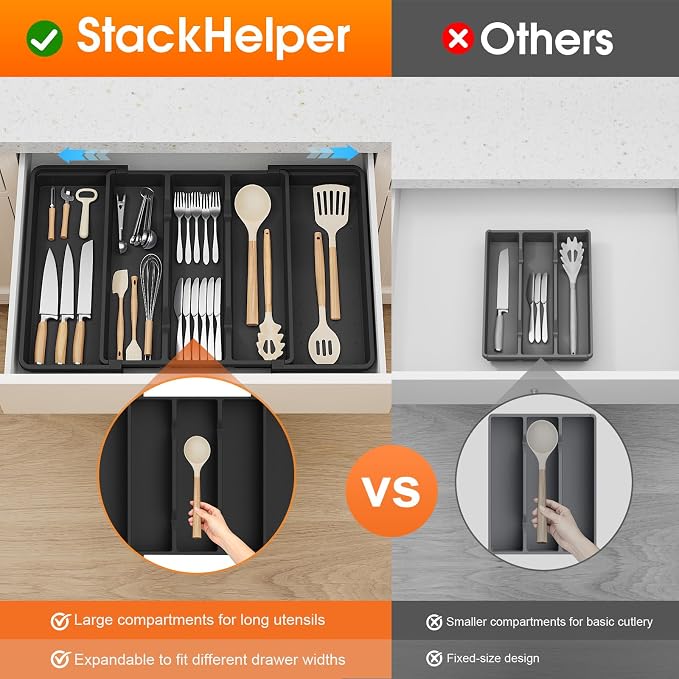 Large Expandable Silverware Drawer Organizer, Utensil Tray | Kitchen Drawer Organizer for Spoons/Forks/Knives, Multipurpose & BPA Free Cutlery Tray(2 Pack, Black)
