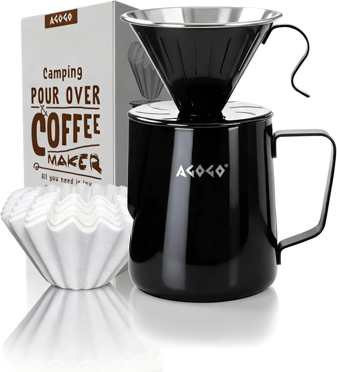 AGOGO Stainless Pour Over Coffee Maker Set, 50 Paper Filters, 30oz, Black | Unbreakable carafe for kitchen RV camp and office, includes barista towel, lead-free food grade 304 stainless steel