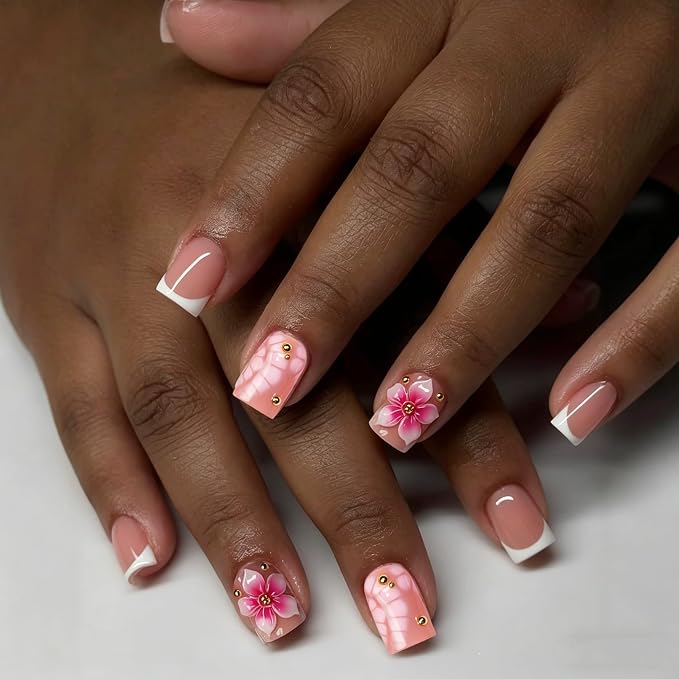 Press on Nails Handmade 3D Pink White Gradient Flower False Nails Short Square Fake Nail Glossy White French Tip Elegant Floral Style Thick Acrylic Nail Salon Quality Stick on Nails for Women (S)