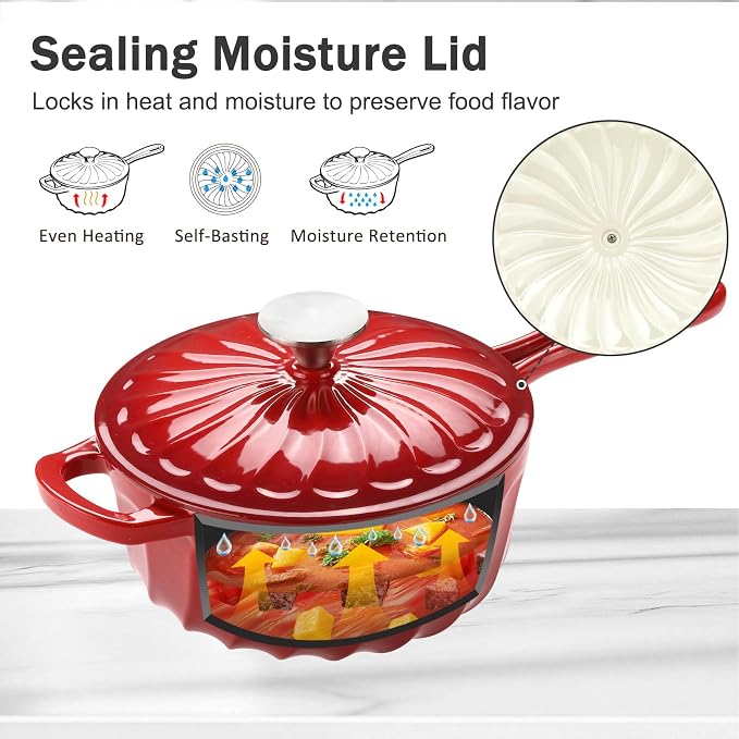 Enameled Cast Iron Sauce Pan with Lid, 2 Quart Saucepan with Lid | Dutch Oven with Lid, Small Cast Iron Pot for Cooking Pasta, Soup, Milk, Induction & Oven Safe Up to 500°F, Red
