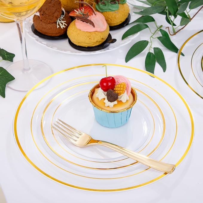 DaYammi 210PCS Clear Gold Plastic Dinnerware Set for 30 Guests, Fancy Disposable Plates for Party, Include: 30 Dinner Plates, 30 Dessert Plates, 30 Pre Rolled Napkins with Gold Silverware, 30 Cups