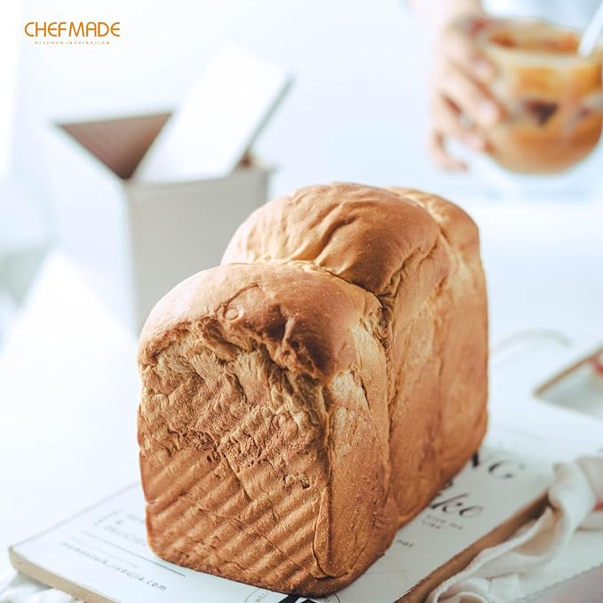 CHEFMADE Pullman Loaf Pan with Lid, 1Lb Dough Capacity Non-Stick Rectangle Corrugated Toast Box for Oven Baking 4" x 7.7"x 4.3"(Champagne Gold)