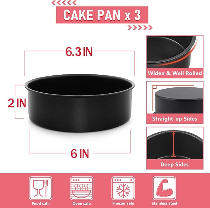 E-far 6 Inch Cake Pans, 3PCS Nonstick Stainless Steel Round Cake Pans | Small Baking Tins for Layer Cakes, Stainless Steel Core & Non-toxic Coating, Straight Side & 2 Inch Deep, Easy Clean