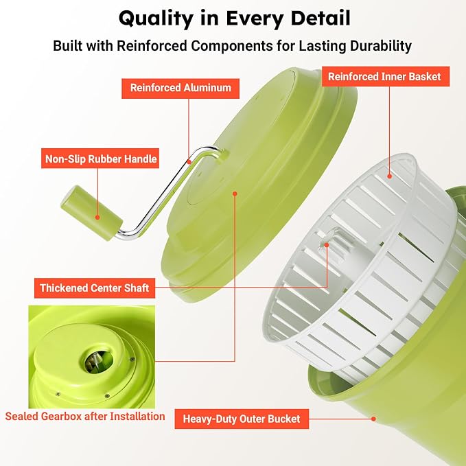 Commercial Salad Spinner, 5 Gallon (20QT) Large Capacity Vegetable Dryer with Built-in Drain Hose, Ergonomic Aluminum Handle, Sealed Gearbox, Efficiently Dries Up to 6–8 Heads of Lettuce