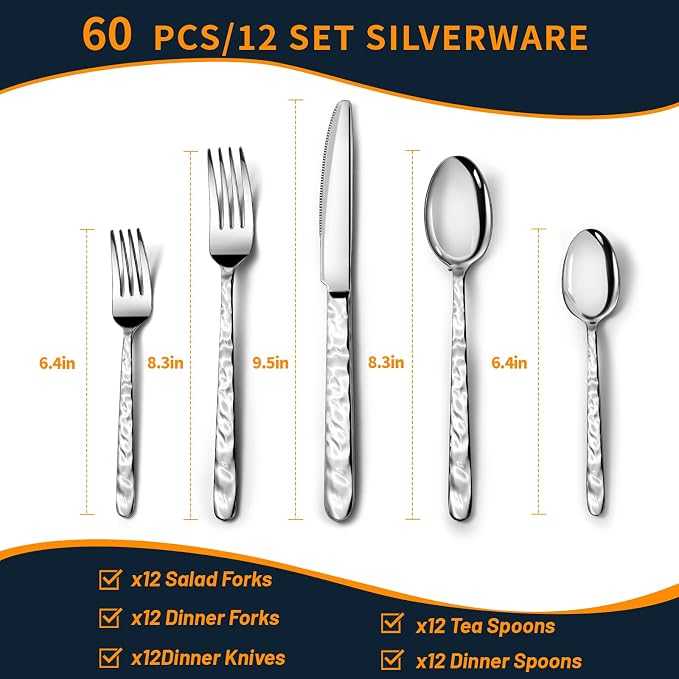 NICE KITCHEN 60 Piece Silverware Set for 12 | Food-Grade Stainless Steel Utensils Set,Wave Style Design & Mirror Polished - Dishwasher Safe