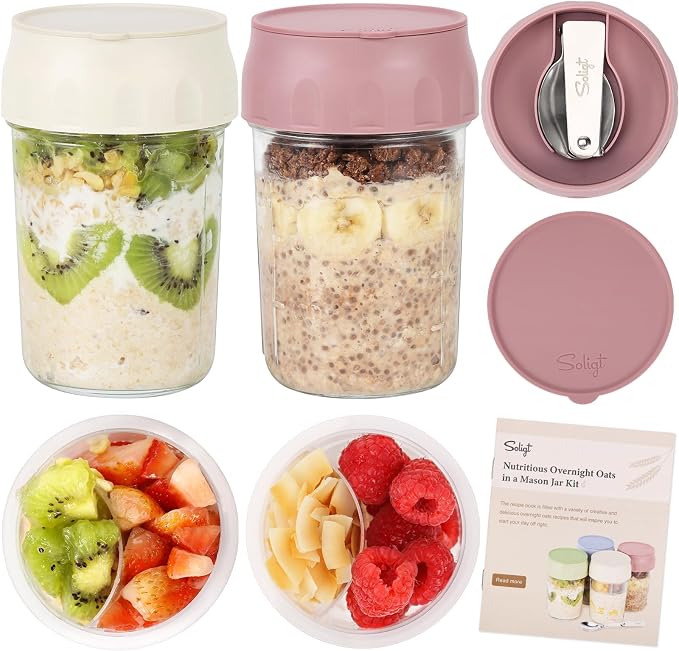 SOLIGT 2 Pack Overnight Oats Containers with Lids (Oat White/Rose Pink) | SOLIGT 4 Pack Overnight Oats Containers with Lids (White/Green/Rose/Blue)