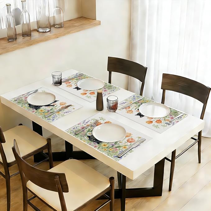 Black Cat Placemats Set of 4, Spring Floral Watercolor Table Mats | Party Kitchen Dining Decor, Washable Non-Slip Heat Resistant Linen Fabric Rectangle Place Mats, Cute Cat Lover Gifts