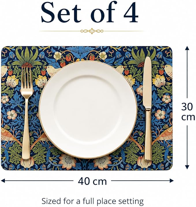 Pimpernel Morris & Co Strawberry Thief Blue Placemats, Set of 4 - Stain Resistant & Heat Safe Fabric-Feel Table Mats with Birds & Botanical Pattern for Stylish Dining & Entertaining