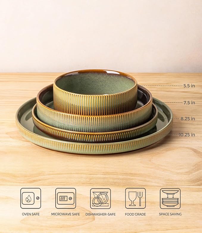 Ceramic Dinnerware Set for 4, 16-Piece Plates and Bowls Set | Lightweight Porcelain Dish Set, Scratch Resistant, Oven & Microwave & Dishwasher Safe, Sage Umber