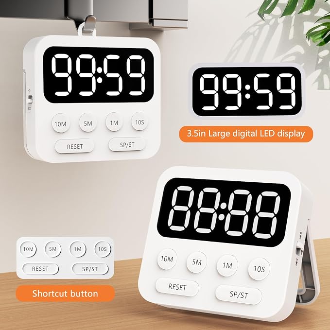 Timer,Digital Kitchen Timer with Stopwatch and Countdown Function | Magnetic Classroom Timer for Kids With Large LED Display and Adjustable Volume for Cooking, Exercise, Baking, Desk