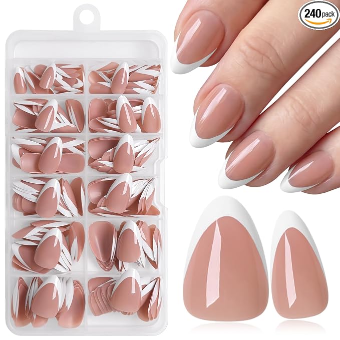 240pc White French Tip Press on Nails Short Almond Acrylic Nail, Coffee Press ons Fake Nails with Glue & Tabs, 12 Sizes Glue on Nails Short Press-on Nail Almond Artificial Stick on Nail for Women