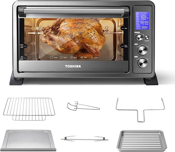 TOSHIBA 10-in-1 Convection Toaster Oven, 6-Slice Countertop Oven, 1500W | Bake, Broil, Rotisserie & Pizza Functions, LCD Knob Controls, 6 Accessories, with Toast, 1500W, Black Stainless Steel