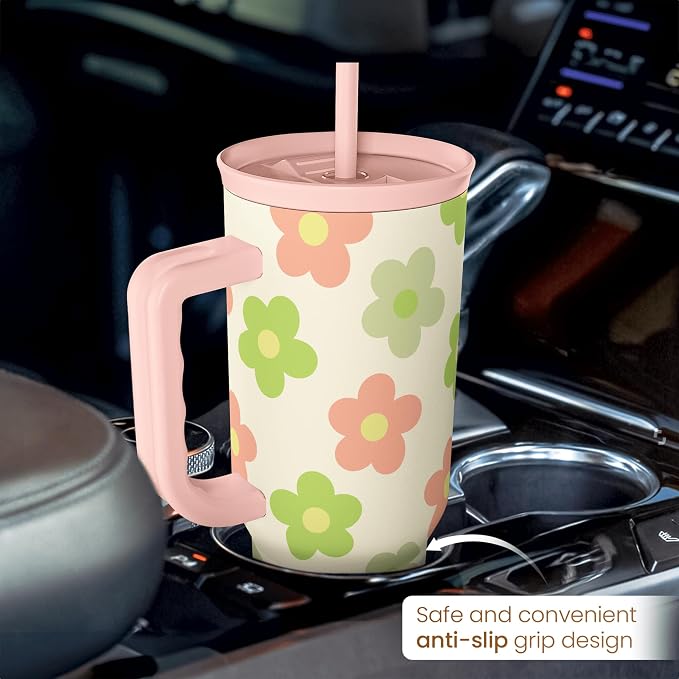 SANDJEST Daisy Tumbler with Handle 40oz, Floral Cup Stainless Steel Insulated Tumblers Coffee Travel Mug with Straw, Flower Cups Gifts for Women Girls Teens Birthday Christmas