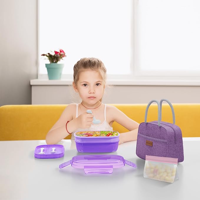 JBGOYON Leakproof Bento Box & Insulated Lunch Bag Set, 4-Piece, Purple | 6-hour thermal retention, includes nested knife fork spoon, 2 reusable snack pouches, designed for adults and kids