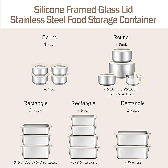 Stainless Steel Food Containers with Glass Lid, Large Airtight Leakproof Stainless Steel Storage Containers in set of 2, Rectangle Shape, Microwave Safe, 100% Plastic Free