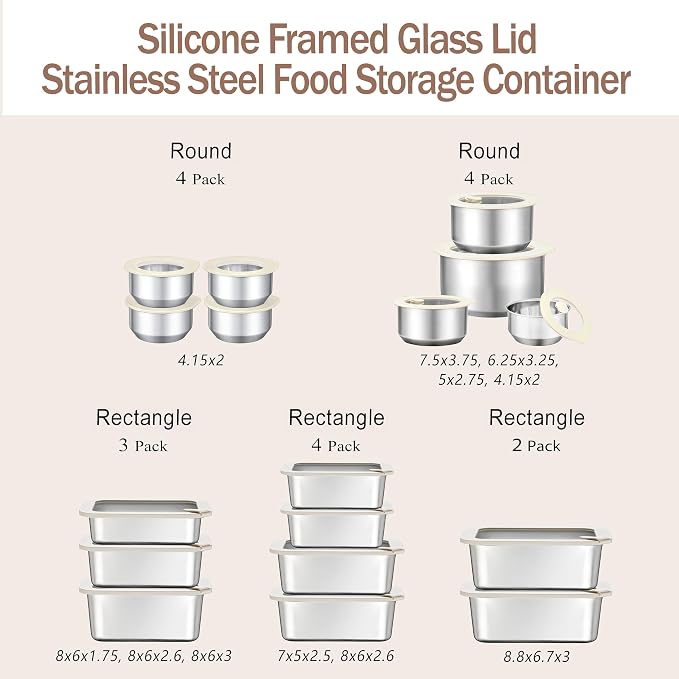 Stainless Steel Food Containers with Glass Lid, Airtight Leakproof Stainless Steel Storage Containers in set of 3, Rectangle Shape, Microwave Safe Food Storage Container Set, 100% Plastic Free