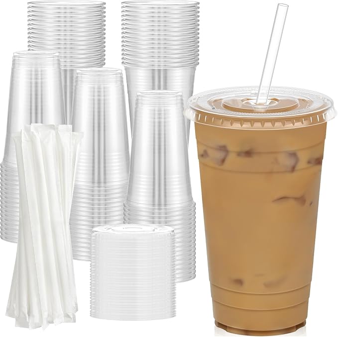 Dealusy 100 Pack - 24 oz Clear Plastic Cups with Lids and Straws | Sturdy & Food Safe Iced Coffee Cups with lids, Disposable Plastic Smoothie Cups for Cold Drinks