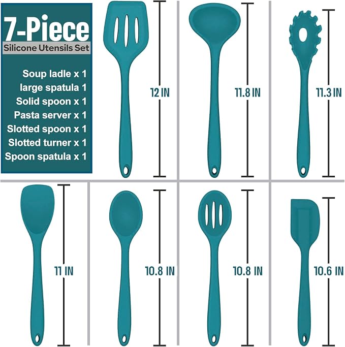 Silicone Cooking Utensils Set, E-far 7-Piece Blue Heat Resistant Kitchen Utensils Set, Kitchen Nonstick Tools Spatula Ladle Spoon Pasta Server for Non-stick Cookware, Non-Toxic & Dishwasher safe