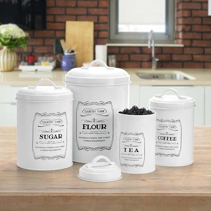 Set of 4 Kitchen Canisters with Airtight Lids, Coffee Tea Sugar Flour Tin Jars Nesting Food Storage Container Set for Farmhouse Decor, 4 Sizes