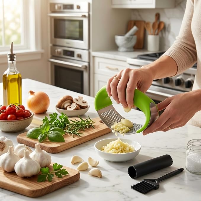 Angel's Peel Lounge Stainless Steel Garlic Press Rocker Set with Silicone Garlic Peeler & Cleaning Brush – Garlic Chopper, Mincer, Grater, Crusher – Easy for Crushed Cloves – Rust-Resistant, Green