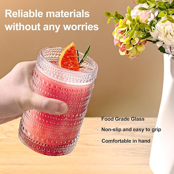 ZMOWIPDL Drinking Glasses Set of 6,15 oz Clear Hobnail Glass Cups | Vintage Glassware，Embossed Water Tumbler,for Beer,Cocktail,Whiskey,Juice and Various Mixed Drinks- 1 Cleaning Brus