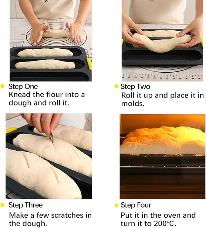 Silicone Bread Loaf Pan, Nonstick Baguette Bread Pan, 4-cavity | Food Grade Silicone Molds for Baking Hot Dog Buns Hoagie Rolls Sandwich, Sourdough Loaf Pan, Bread Pans for Homemade Bread