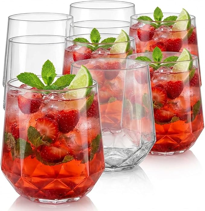 Oojami 40 Pack Disposable Plastic Wine Glasses 12 oz Diamond - Stemless Unbreakable Cocktail Glasses Champagne Wine Cups, BPA-Free Shatterproof Reusable Recyclable for Wedding Birthday Party (Clear)