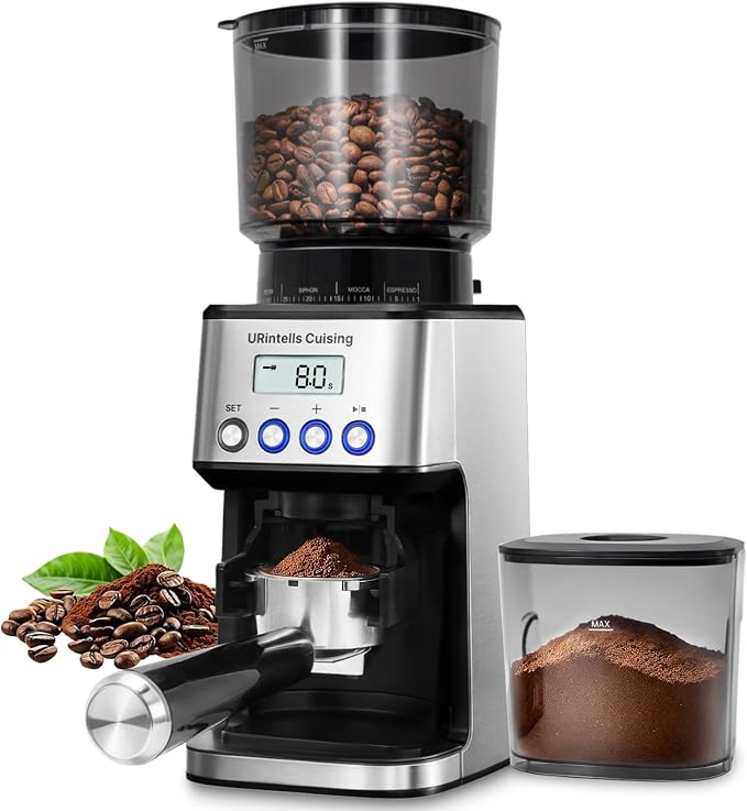 URintells Cuising Burr Coffee Grinder, 51 Grind Setting and Low-Speed Motor | 51-53mm & 58mm Portafilters Holder, Anti-Static Ground Bin, 0.1s Precision Dosing, Hands-Free Grinding, 12.3oz Bean Hopper