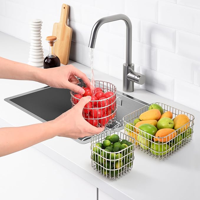 304SS Fruit Basket 3.5L Kitchen Storage Colander Produce Holder | 304 stainless steel, rust-resistant, breathable mesh, quick drainage, versatile countertop organizer, compact modern, durable