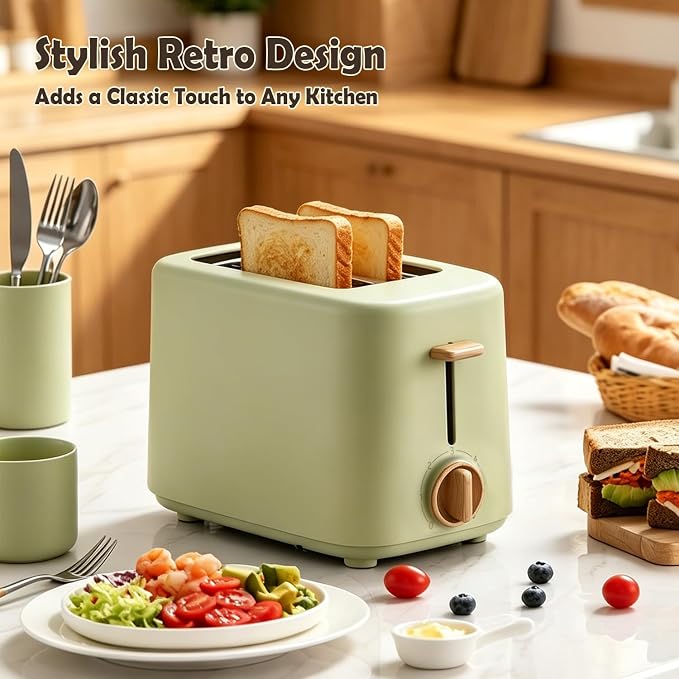 2 Slice Retro Toaster with Anti-dust Cover, 6 Browning Settings, Extra Wide Slots for Bagel & English Muffin, Removable Crumb Tray, Mini Household Bread Toaster