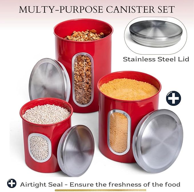 Mixpresso 3-Pcs Red Canisters Set for Kitchen Storage Airtight Jars | See-through window, coffee container, tea organizer, sugar canister, 3 nesting sizes, counter decor, easy press-on lids