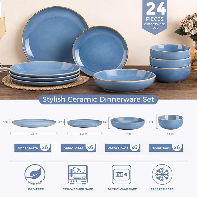 GBHOME Dinnerware Sets for 6, 24 Pieces Ceramic Plates and Bowls Set | Scratch Resistant Stoneware Dishes Set, Dishwasher & Microwave Safe, Reactive Glaze-Blue