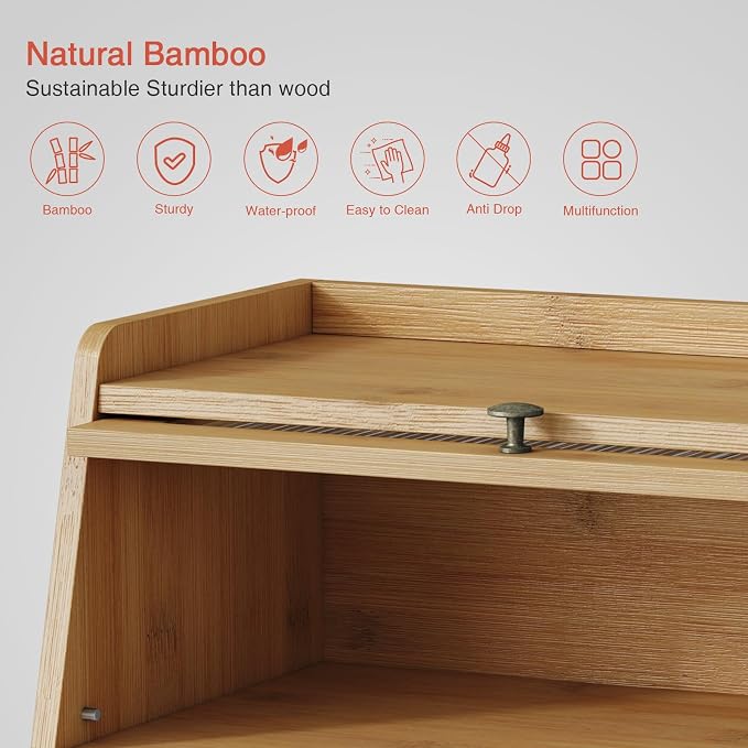 Goozii Large Bread Box for Kitchen Countertop, Double Layer Breadbox for Homemade Loaf Bread, Farmhouse Bread Storage Container Bin for Kitchen Counter Pantry Cupboard (Natural Bamboo)