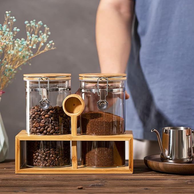 Coffee Container with Shelf: 2P 45OZ Glass Airtight Coffee Holder | Large Capacity Coffee Canister w/Wooden Scoop - Kitchen Food Storage Jar for Ground Coffee/Tea/Sugar/Cereal/Nuts/Coffee Bar