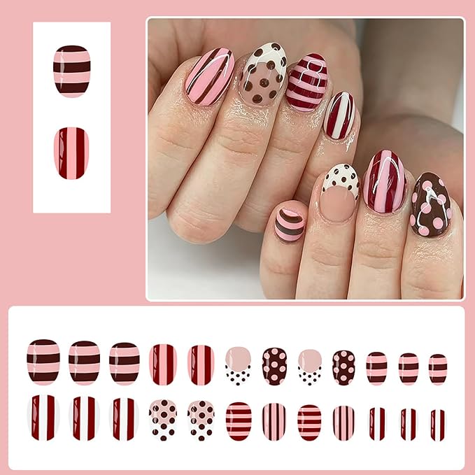 Short Almond Press On Nails French Fake Nails With Stripe Polka Dot Designs | Brown Pink Stripe False Nails Acrylic Nails Press Ons Glossy Stick On Nail Reusable Glue On Nail For Women 24Pcs