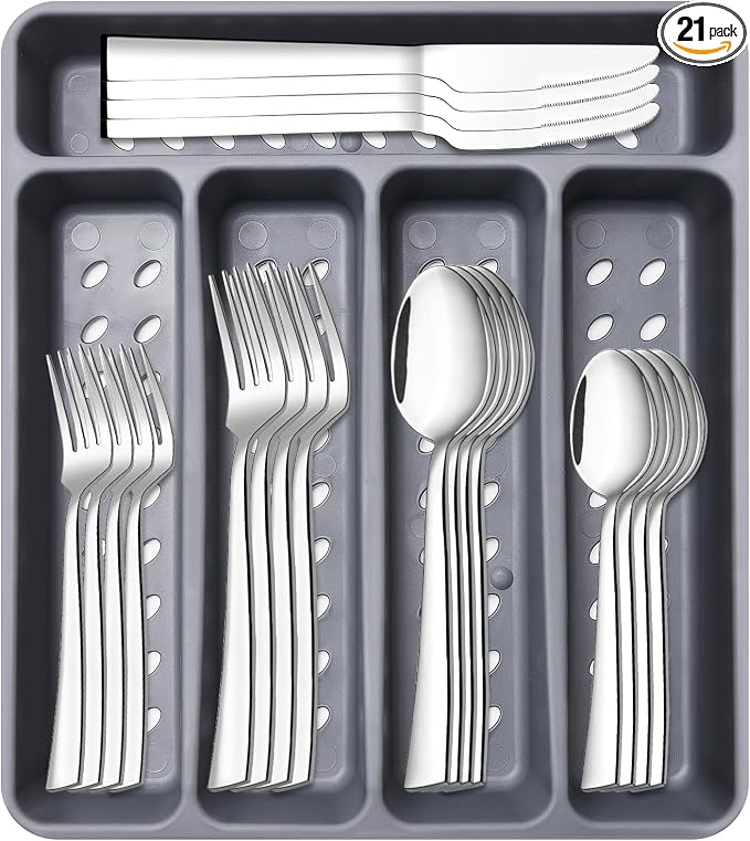 Stainless Steel Cutlery Silverware Set for 4 Eating Utensils Flatware Sets | 21 Pieces Kitchen Silverware Set with Organizer Tray Forks Spoons and Knives Sets Heavy Duty Tableware Set Dishwasher Safe