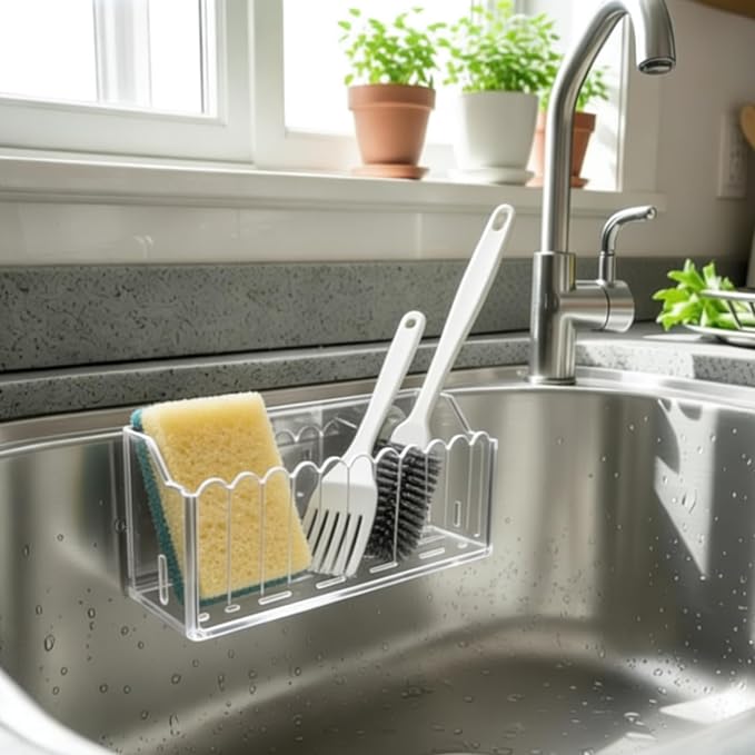 Kitchen Sink Caddy Organizer, Suction Cup Wall Mount Storage Rack for Sponges and Dish Soap (Transparent)
